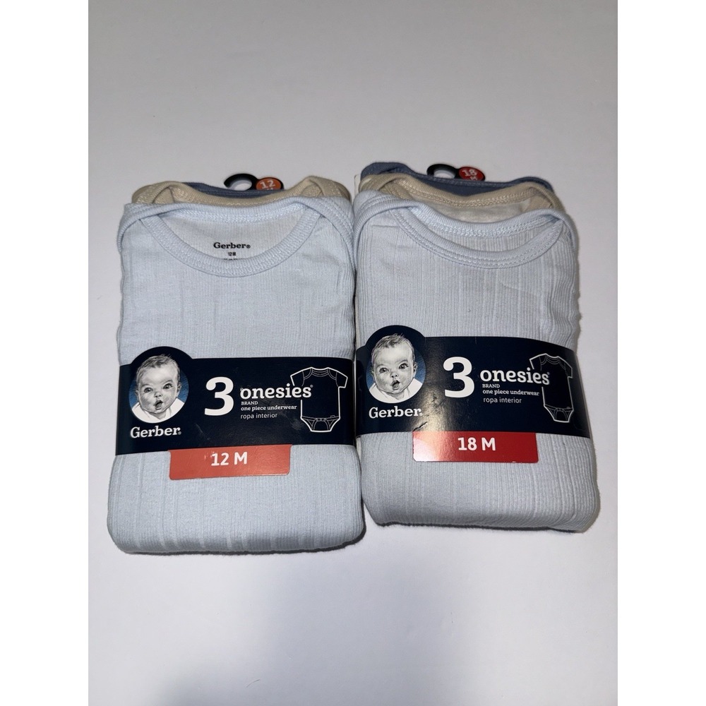 Gerber Baby 6 Onesies Ribbed Bodysuits Blue Beige 12M 18M Cotton Shower Bday NIP